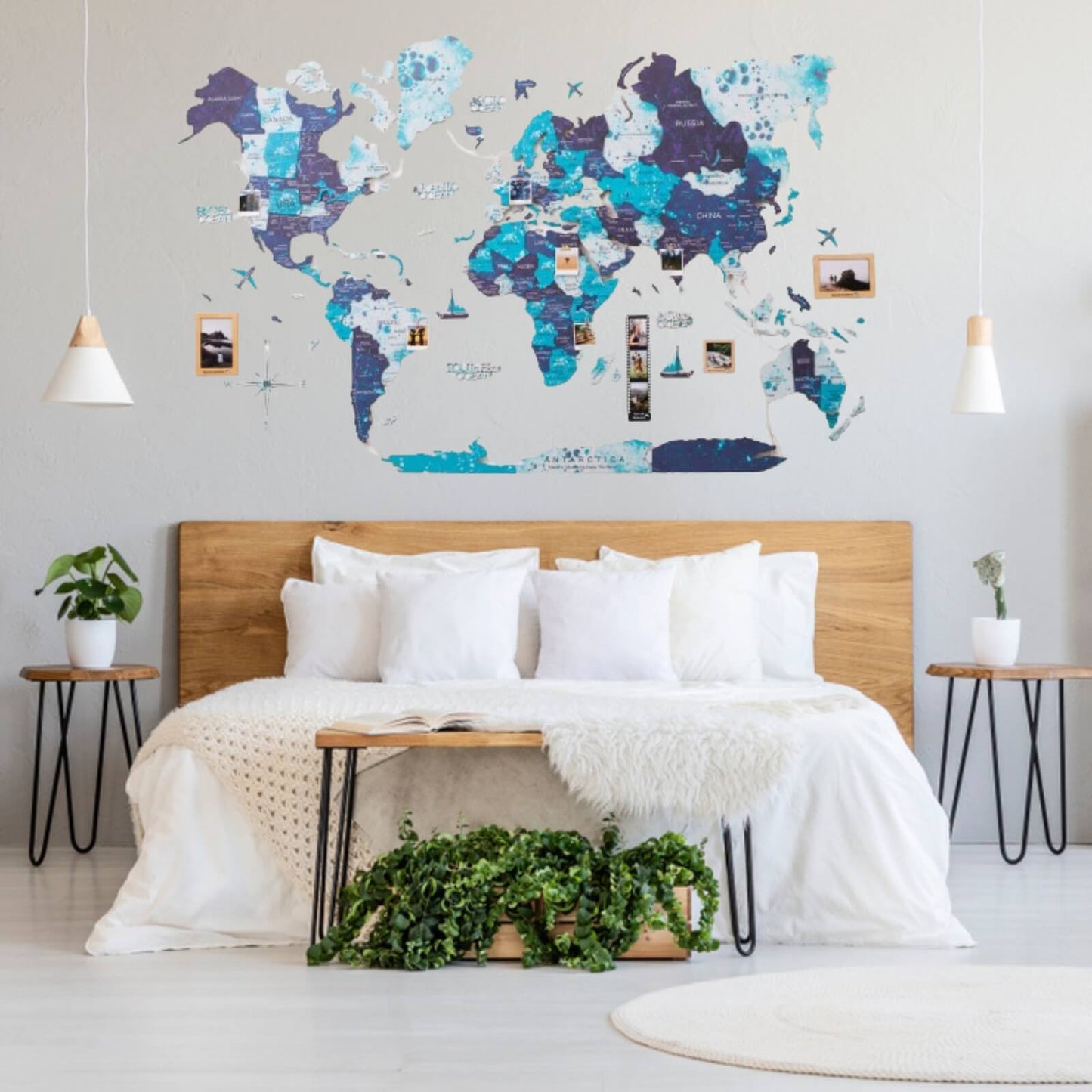 Luminous LED Wooden World Map Wall Art - Ocean