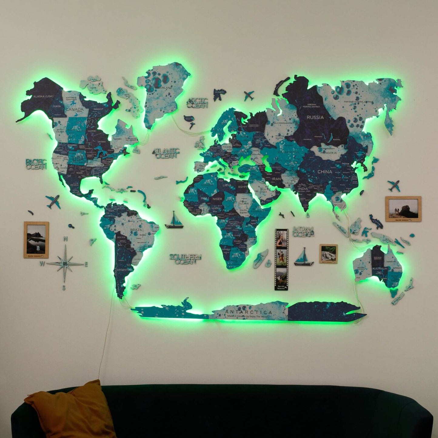 Luminous LED Wooden World Map Wall Art - Ocean