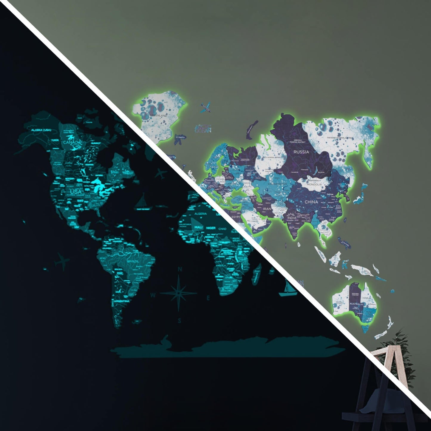 Luminous LED Wooden World Map Wall Art - Ocean