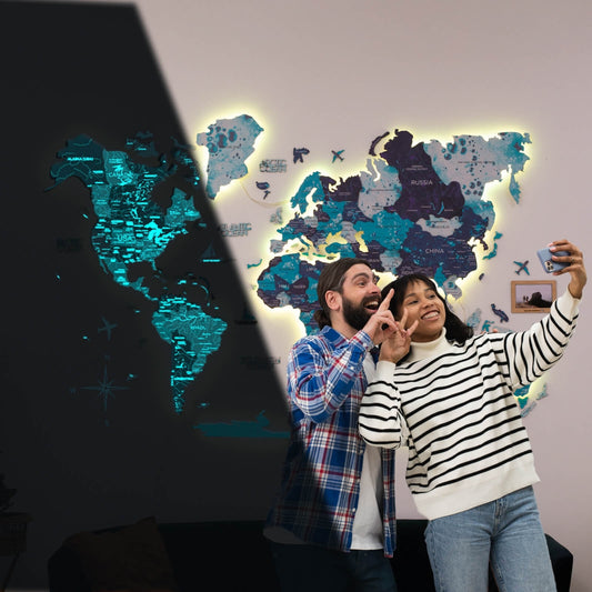 Luminous LED wooden world map wall art, Ocean finish