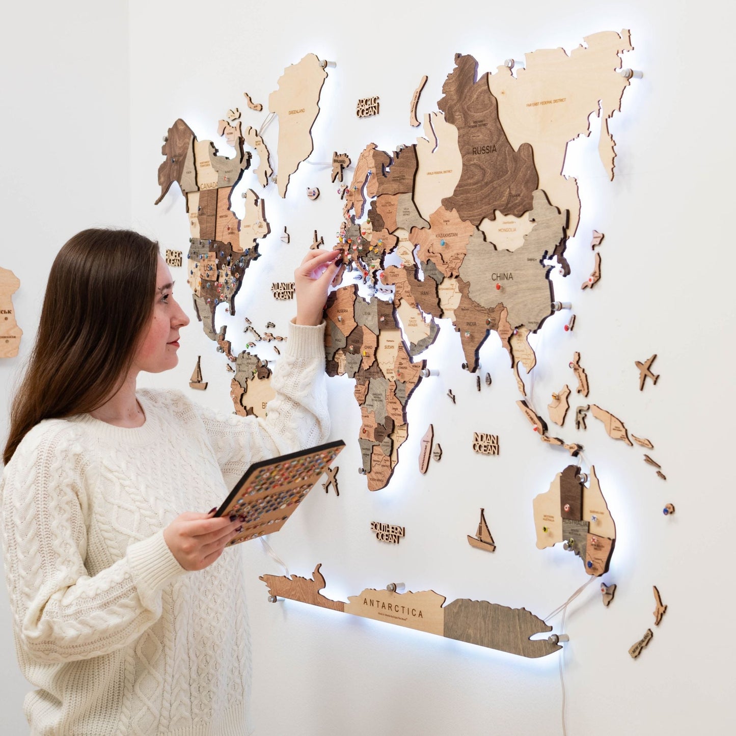 LED Wooden World Map Wall Art - Smokey