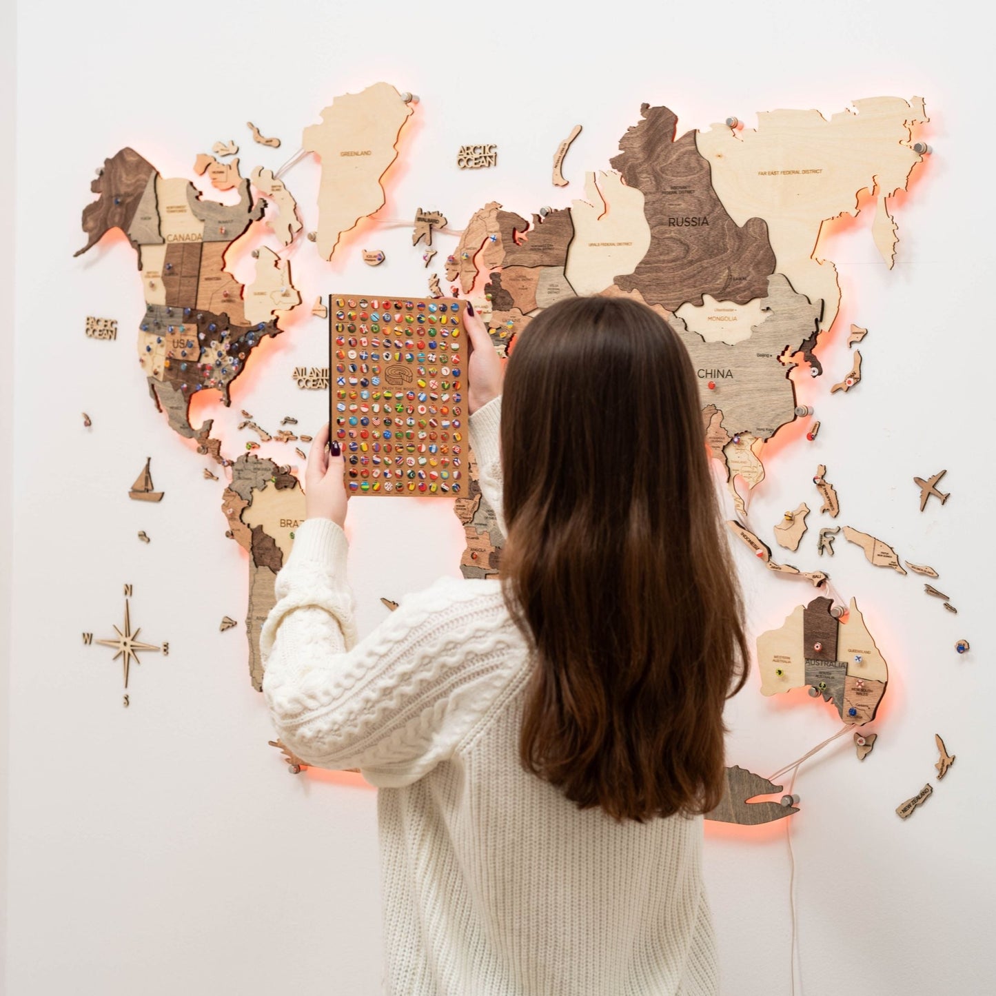 LED Wooden World Map Wall Art - Smokey