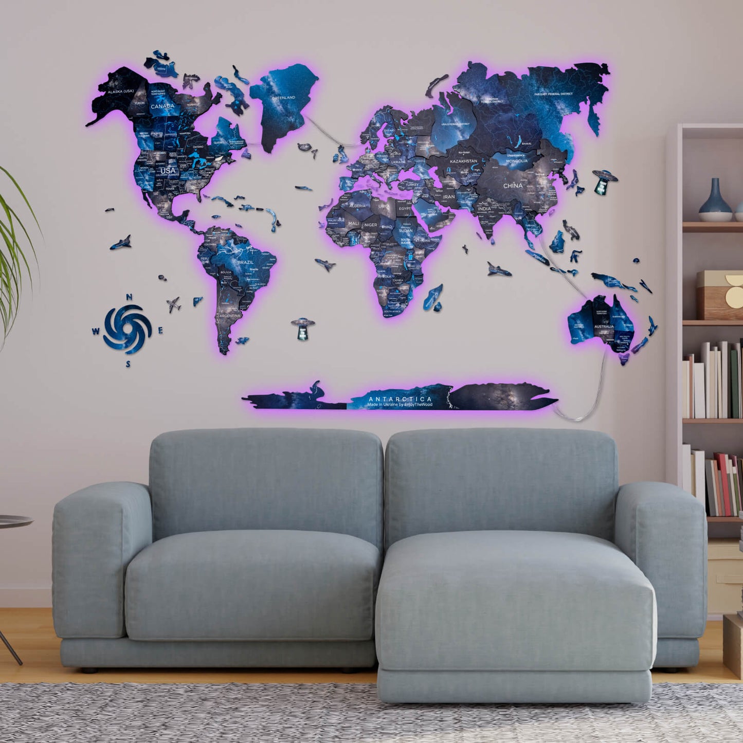 Luminous LED Wooden World Map Wall Art - Space
