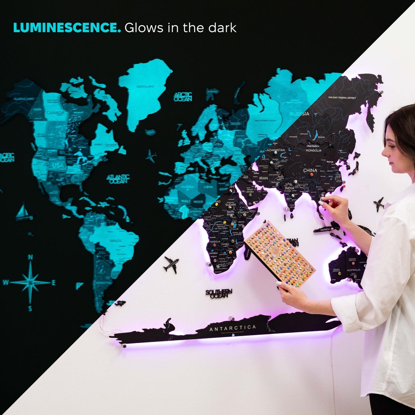 Luminous LED Wooden World Map Wall Art - Midnight