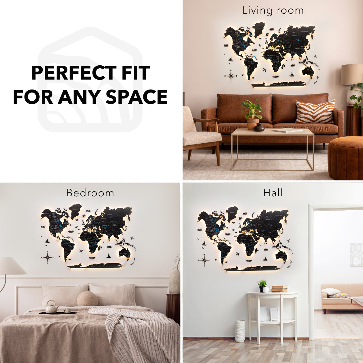 Luminous LED Wooden World Map Wall Art - Midnight