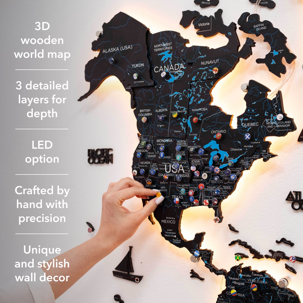 Luminous LED Wooden World Map Wall Art - Midnight