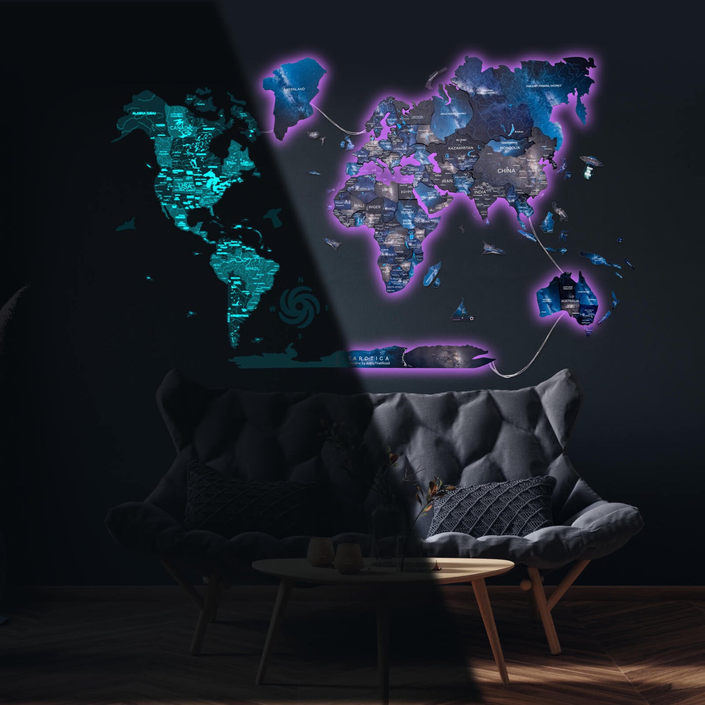 Luminous LED Wooden World Map Wall Art - Space