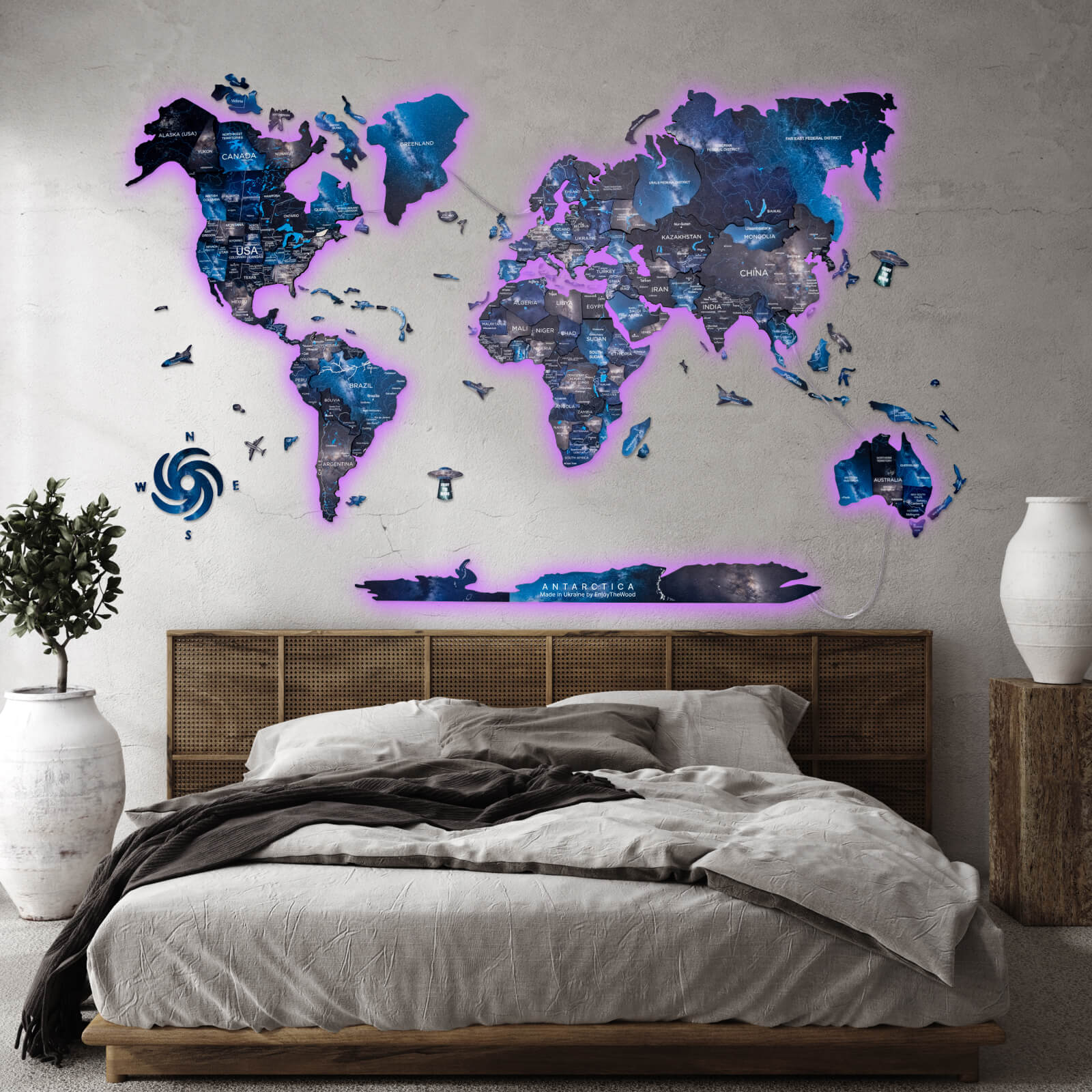 Luminous LED wooden world map wall art, Space finish
