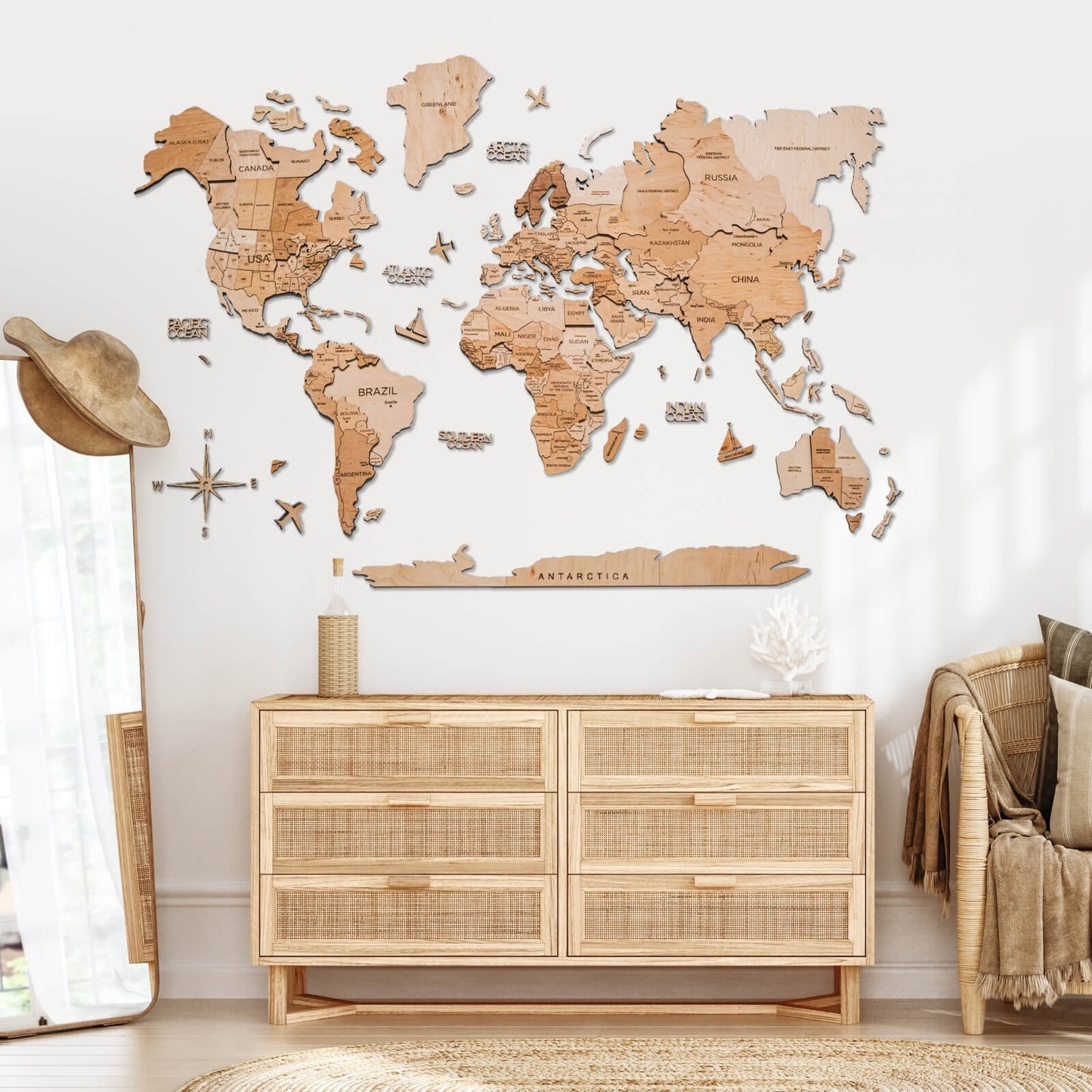 3D Wooden World Map Wall Art - Light