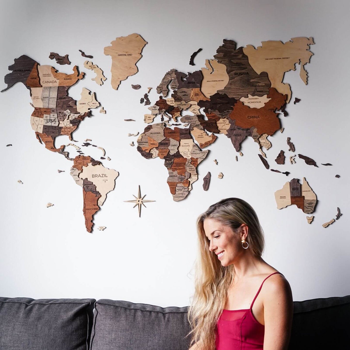 3D Wooden World Map Wall Art With Flag Pins