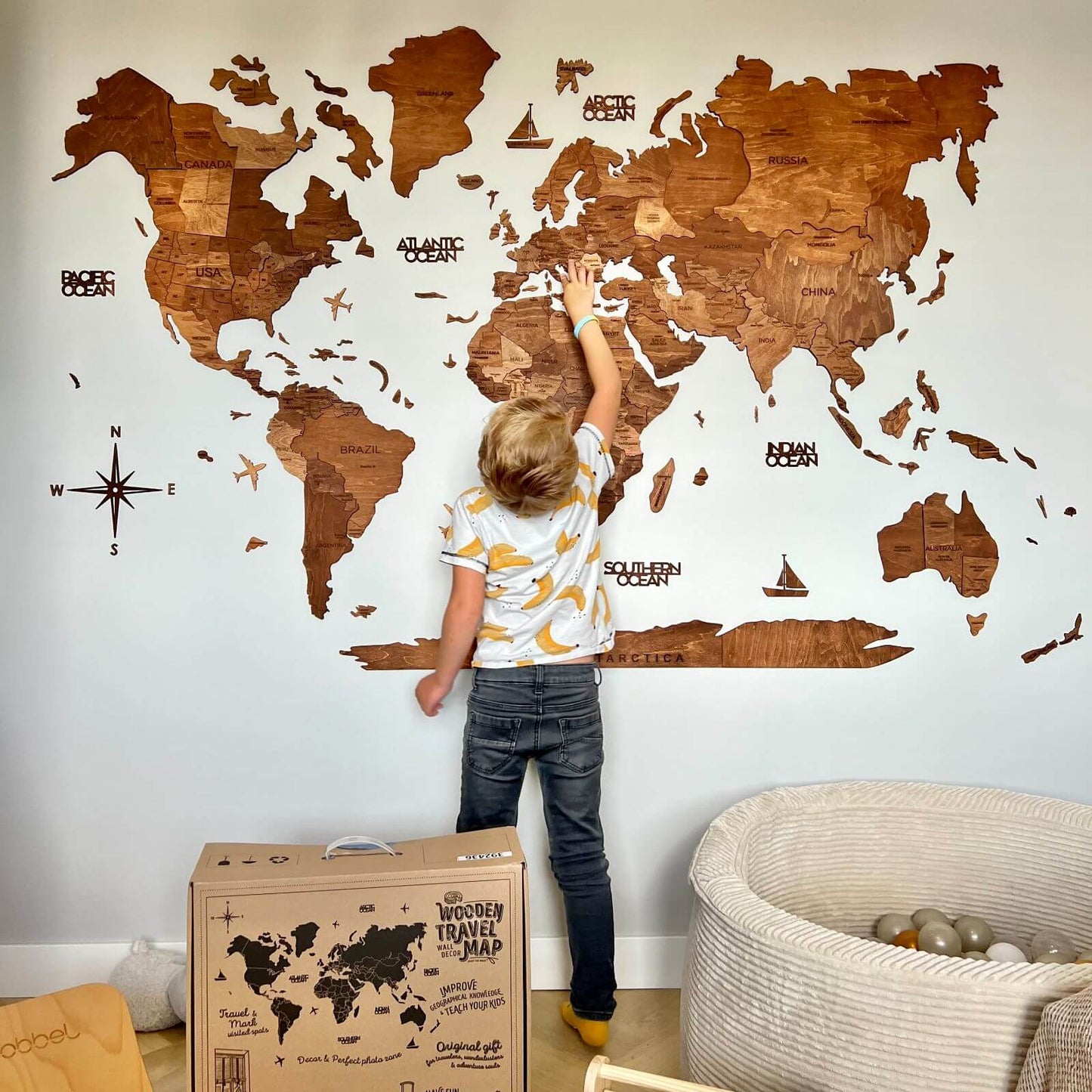 3D Wooden World Map Wall Art With Flag Pins