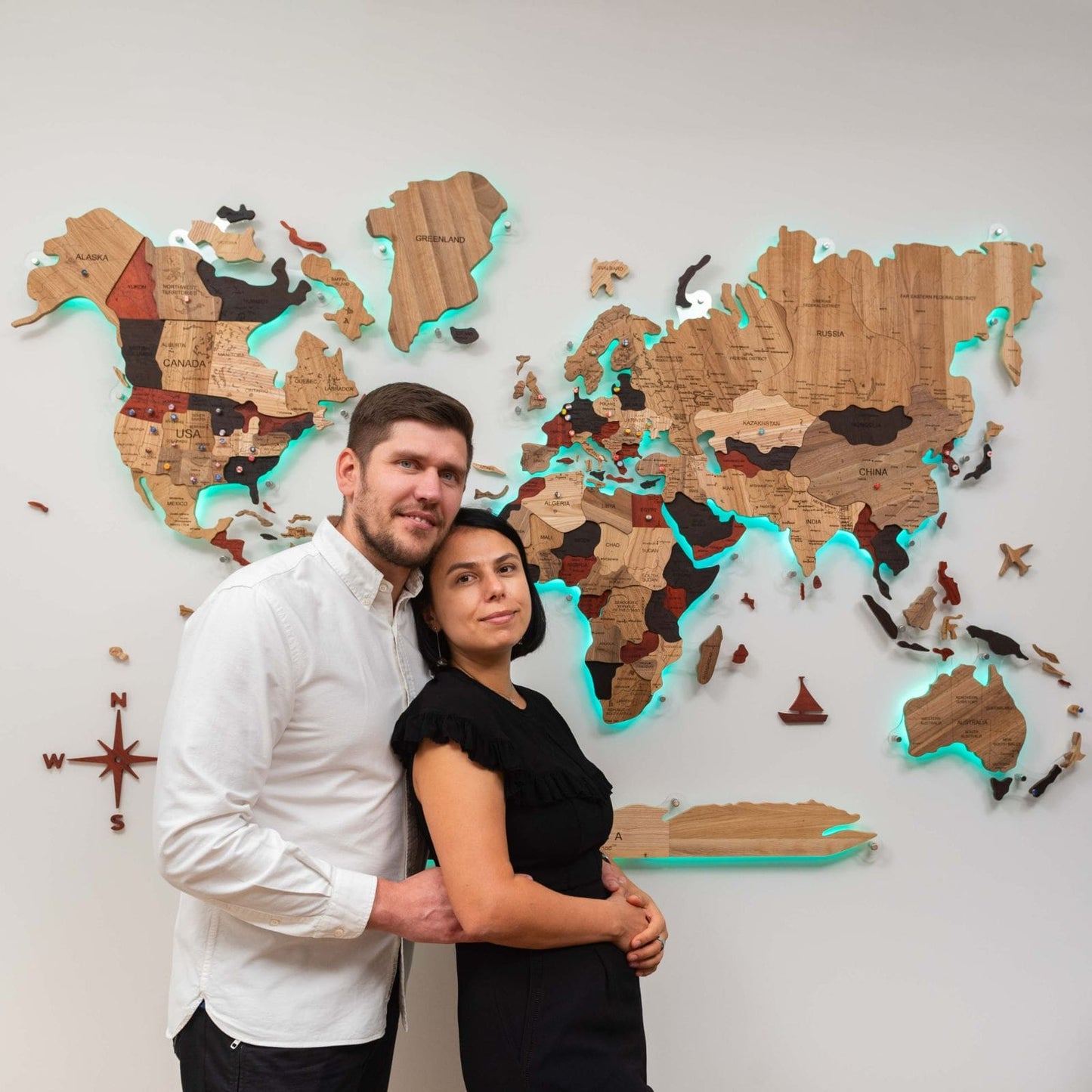 LED wooden world map wall art with warm backlight glow