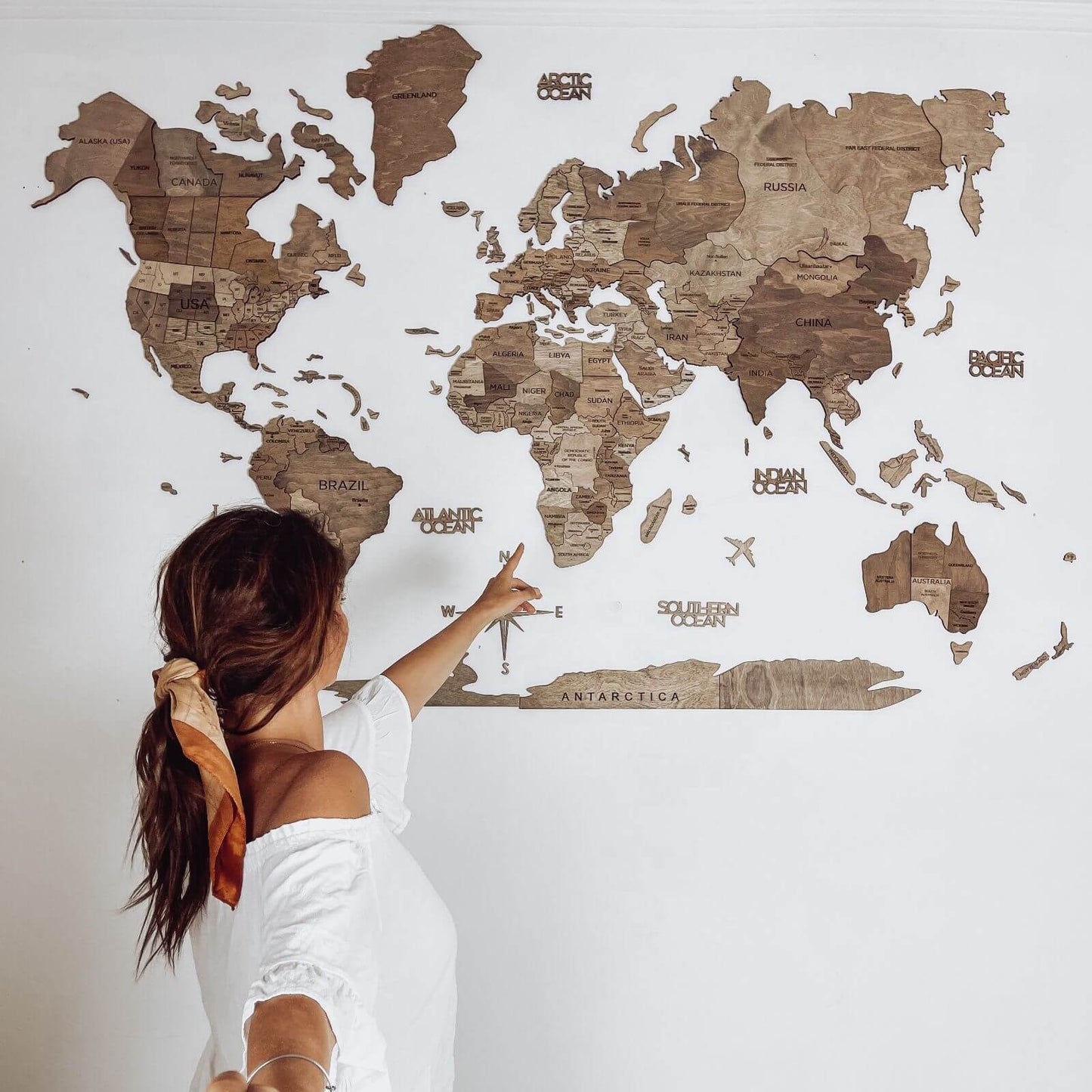 3D Wooden World Map Wall Art With Flag Pins
