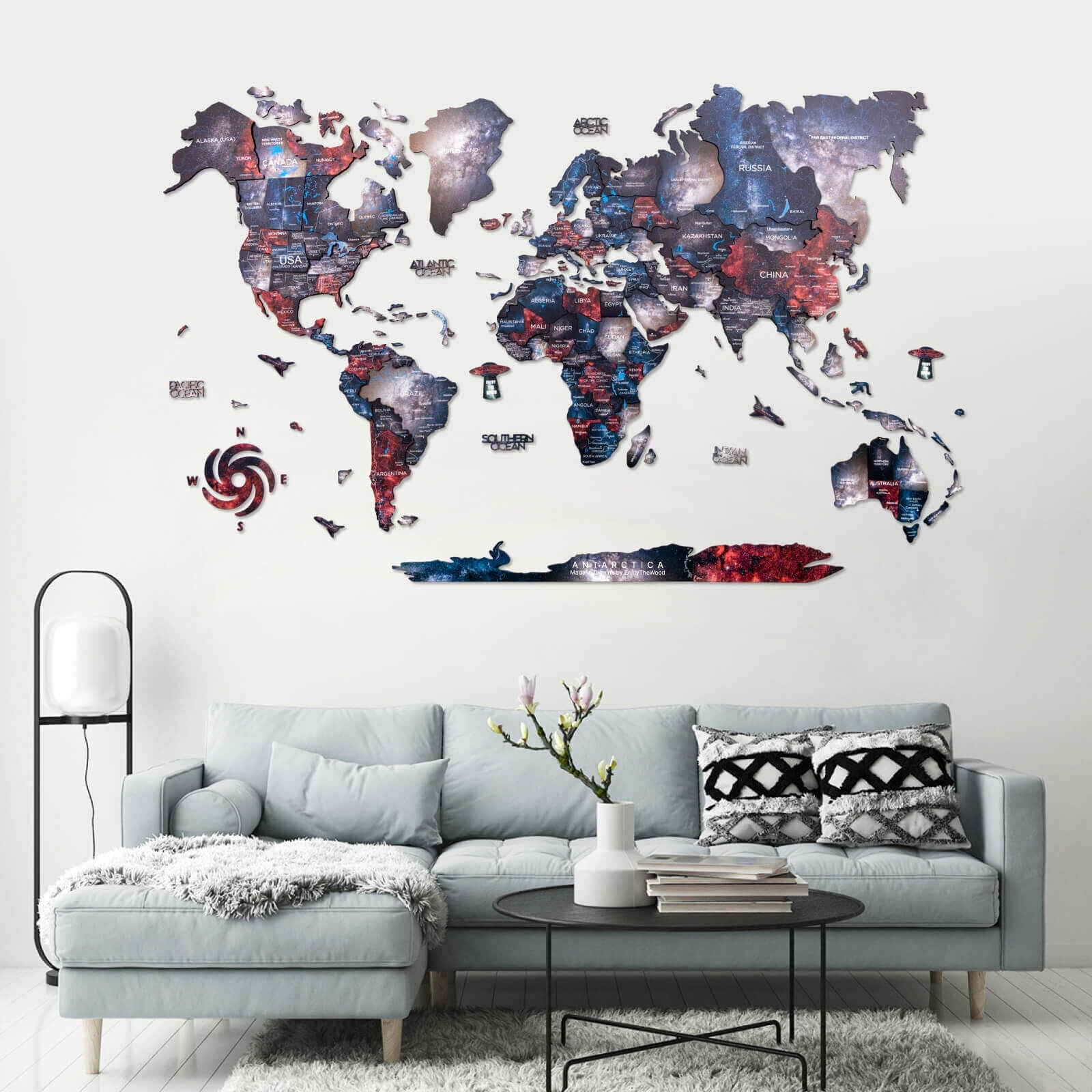 3D wooden world map wall art in Alcor palette