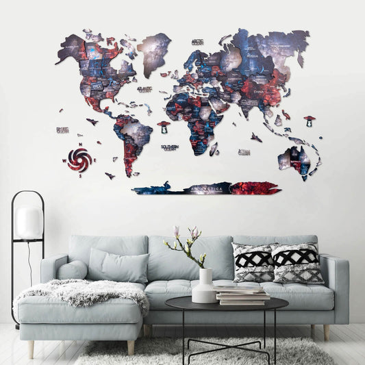 3D wooden world map wall art in Alcor palette