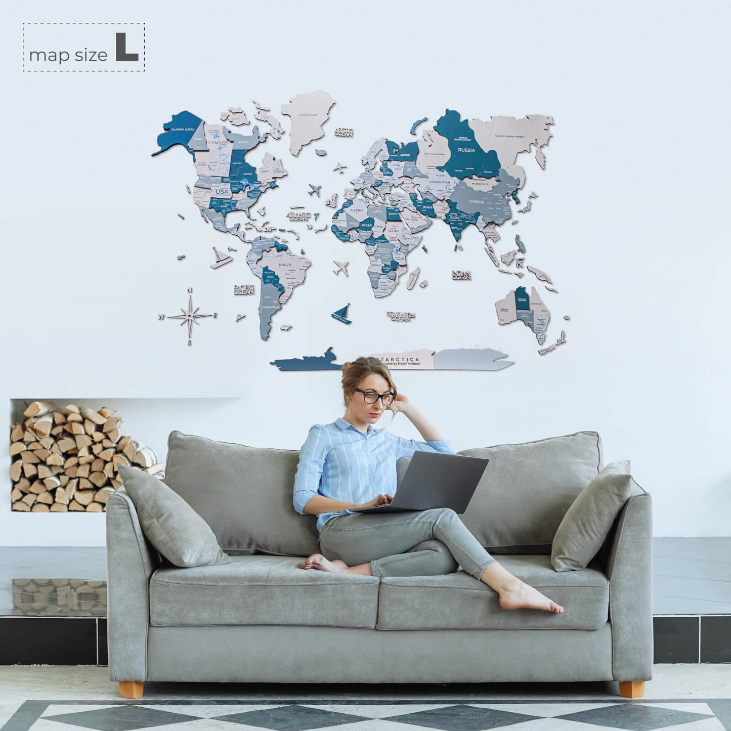3D Wooden World Map Wall Art - Aqua