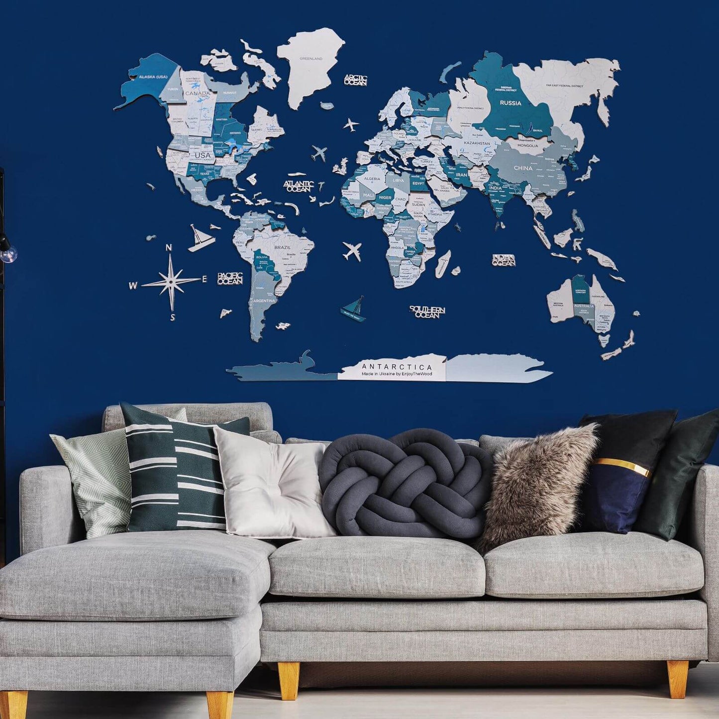 3D Wooden World Map Wall Art - Aqua