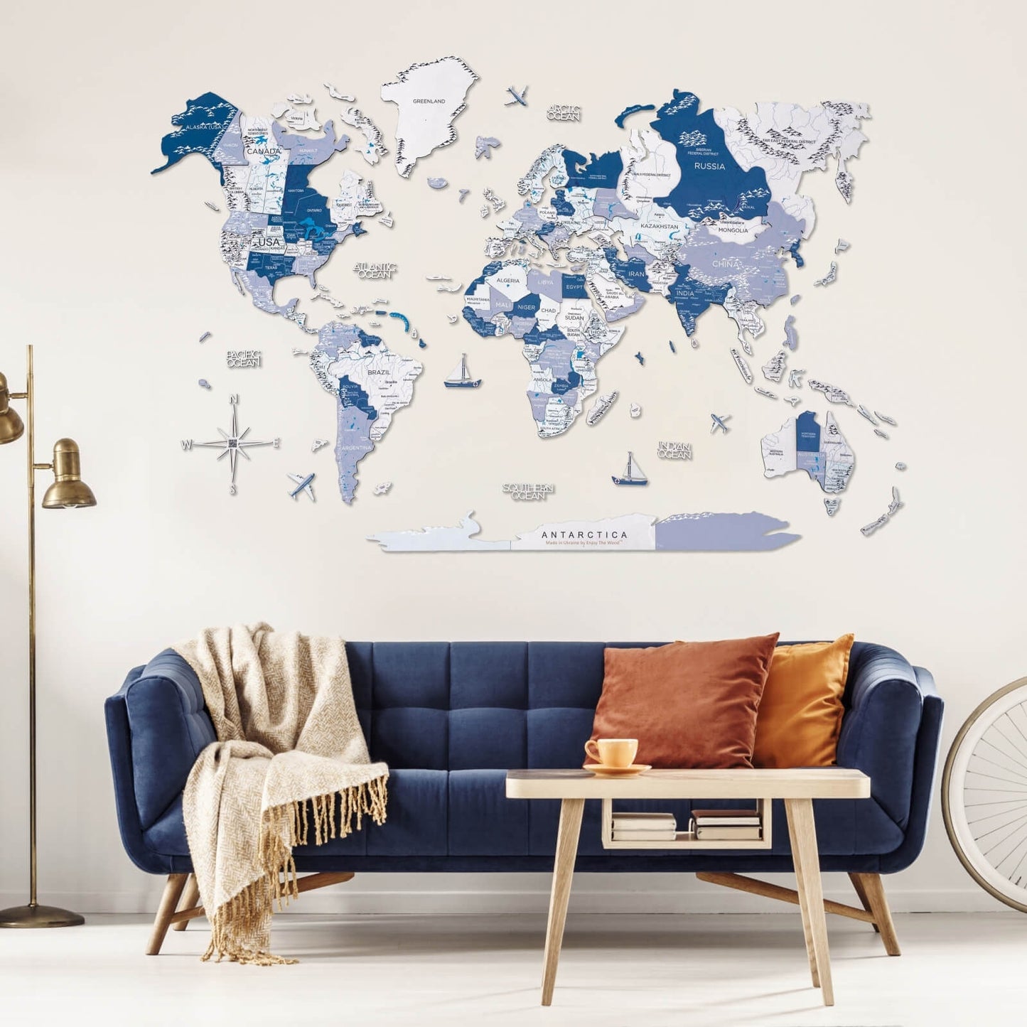 3D Wooden World Map Wall Art - Aqua