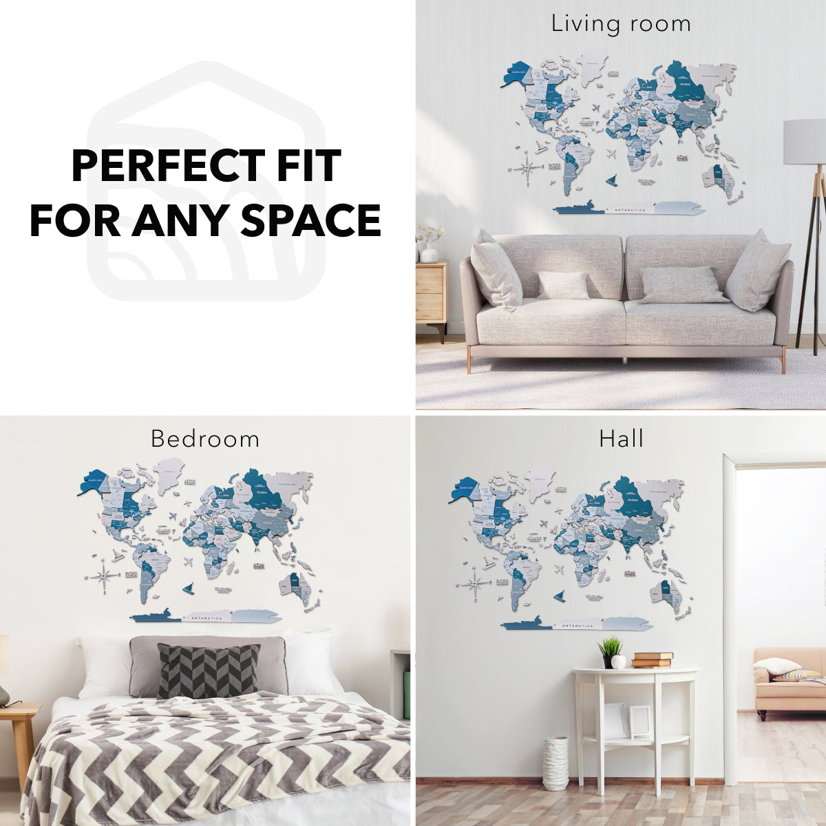 3D Wooden World Map Wall Art - Aqua