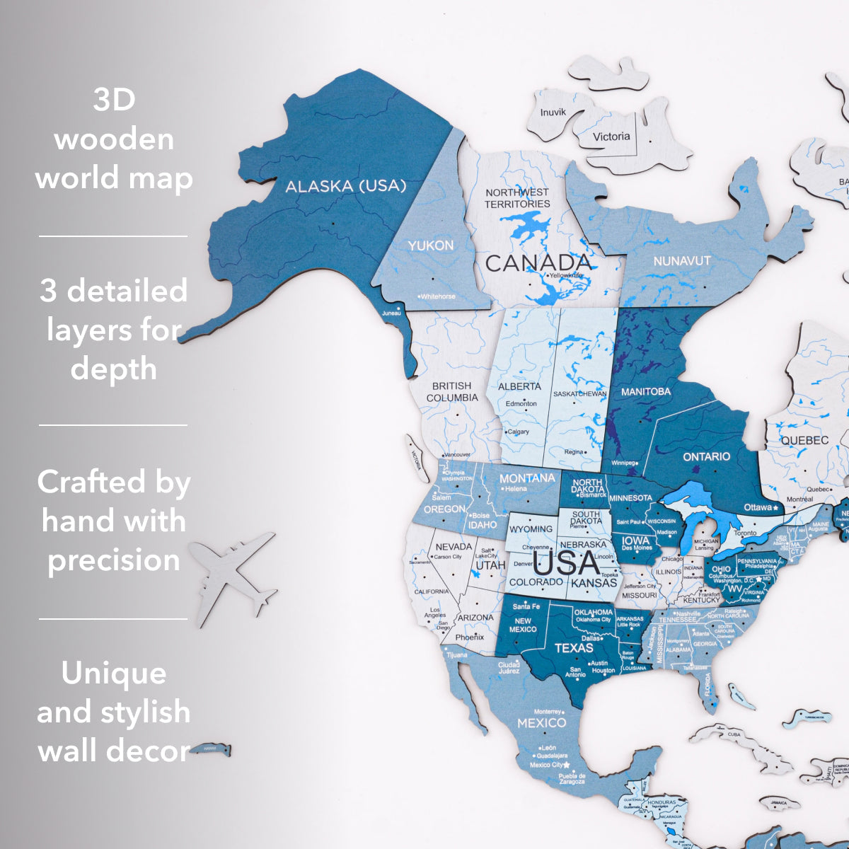 3D Wooden World Map Wall Art - Aqua
