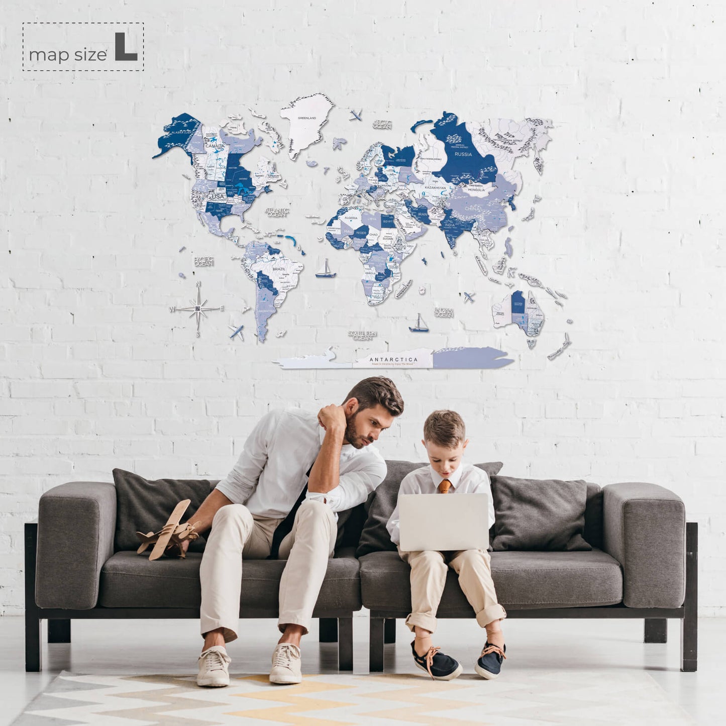 3D Wooden World Map Wall Art - Aqua
