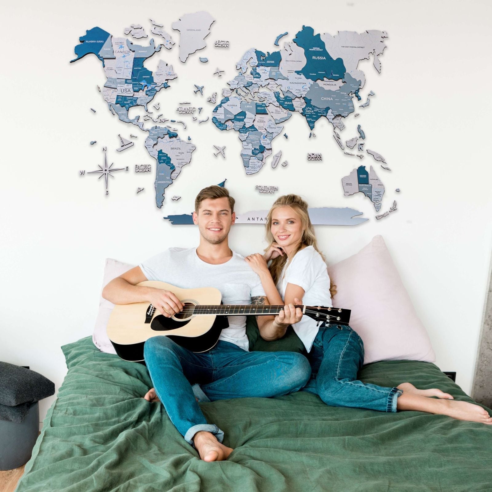 3D wooden world map wall art in Aqua palette