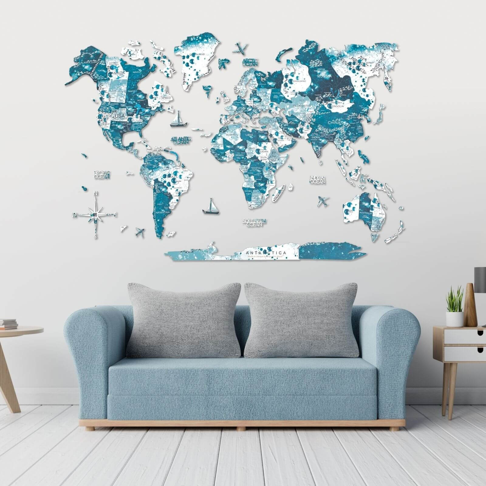 3D wooden world map wall art in icy-blue Aurora palette
