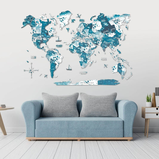 3D wooden world map wall art in icy-blue Aurora palette