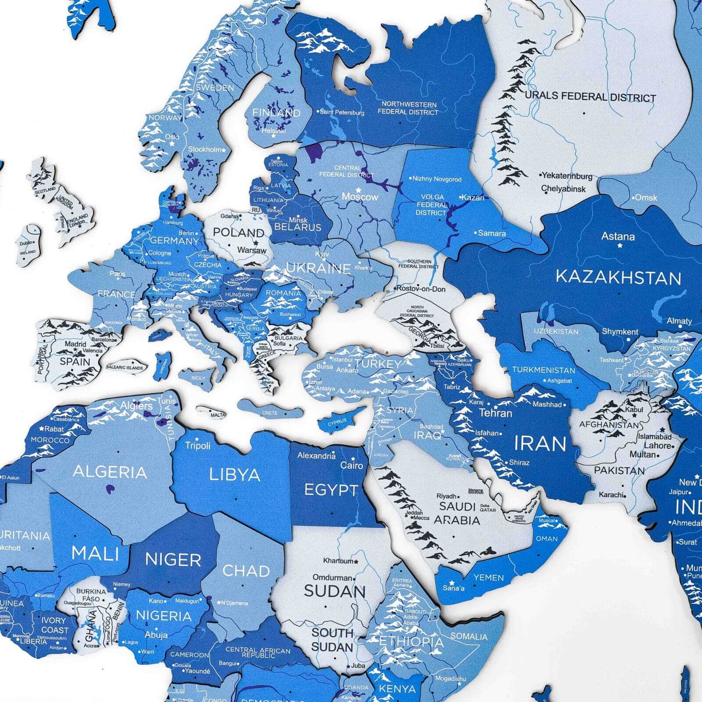 3D Wooden World Map Wall Art - Azure