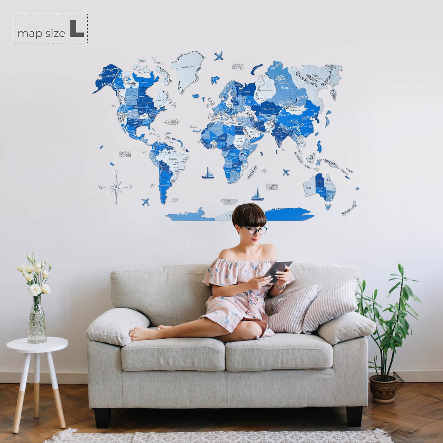 3D Wooden World Map Wall Art - Azure