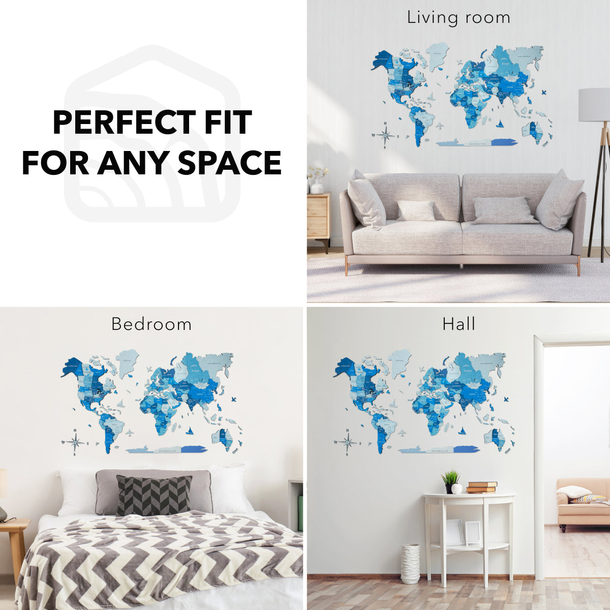 3D Wooden World Map Wall Art - Azure