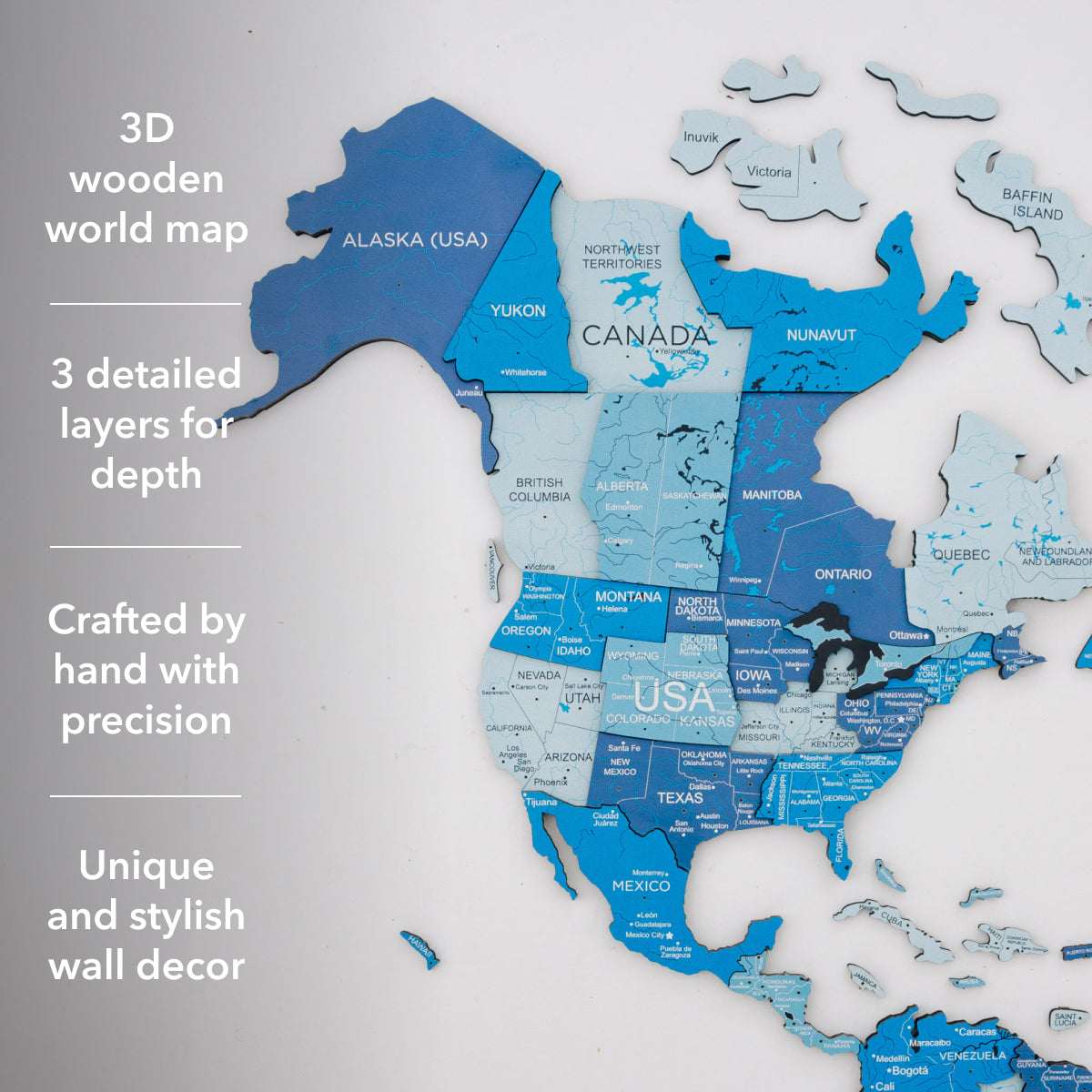 3D Wooden World Map Wall Art - Azure