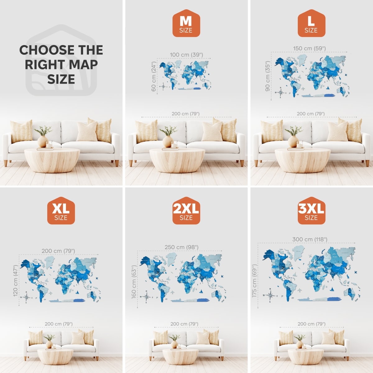 3D Wooden World Map Wall Art - Azure