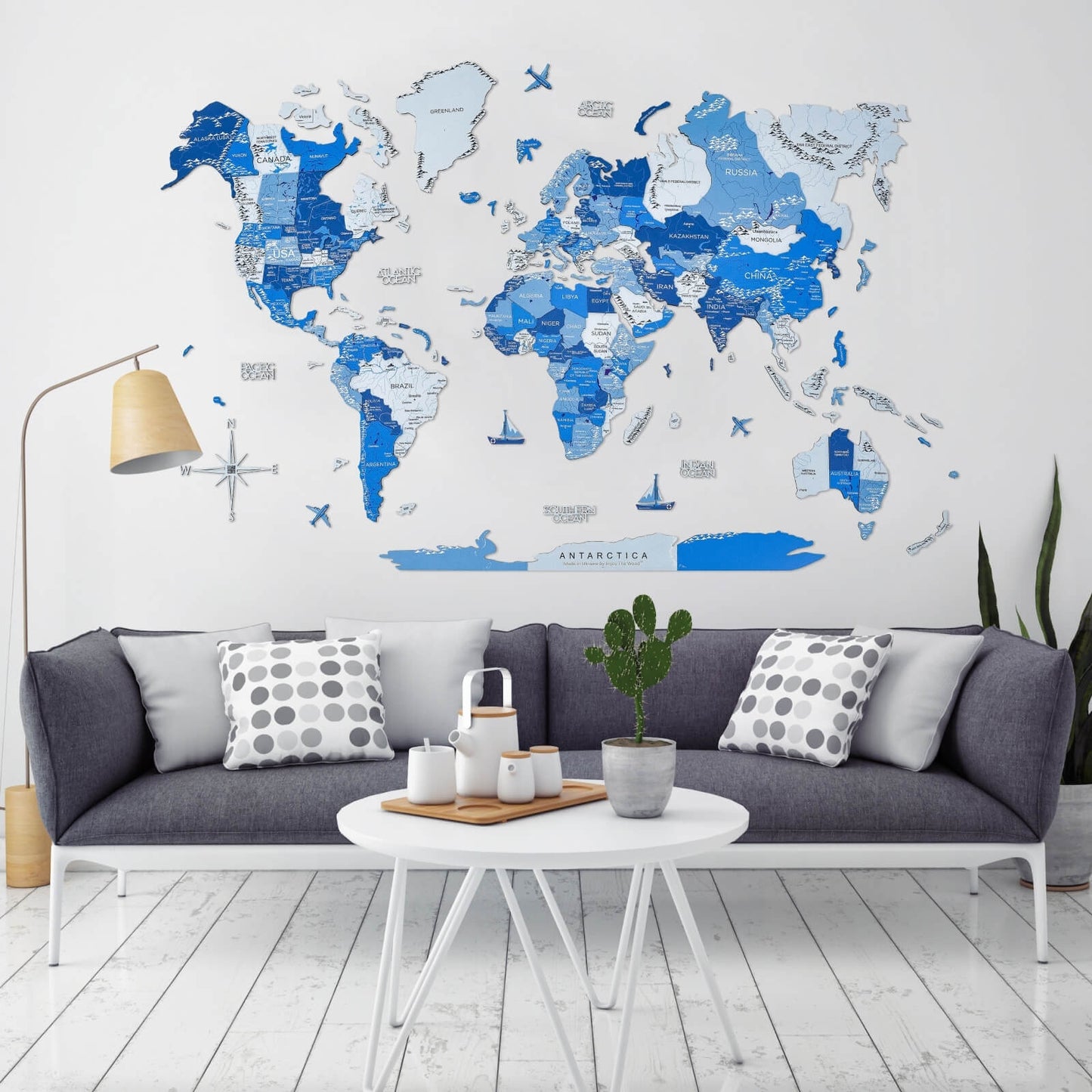 3D wooden world map wall art in Azure blue palette