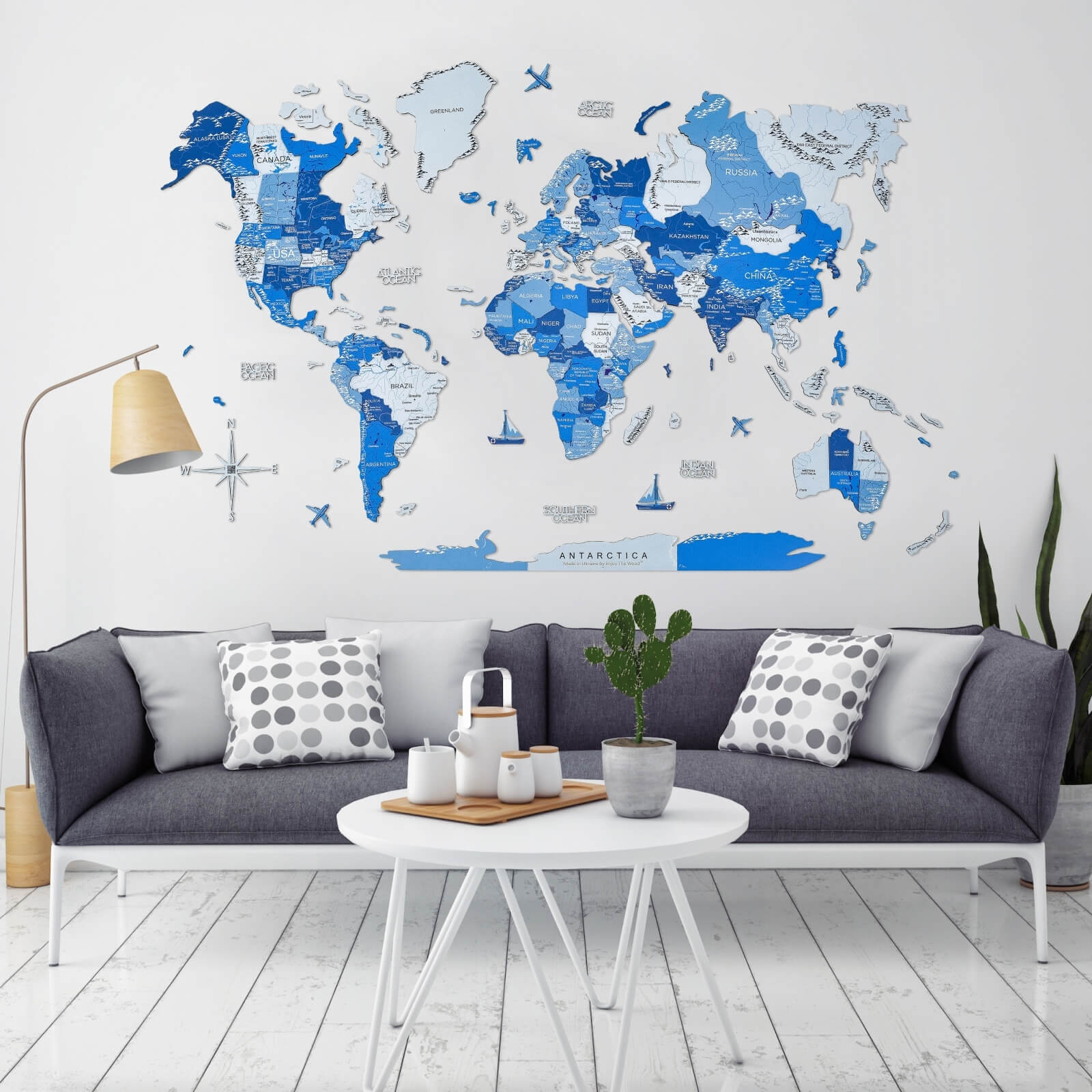 3D wooden world map wall art in Azure blue palette