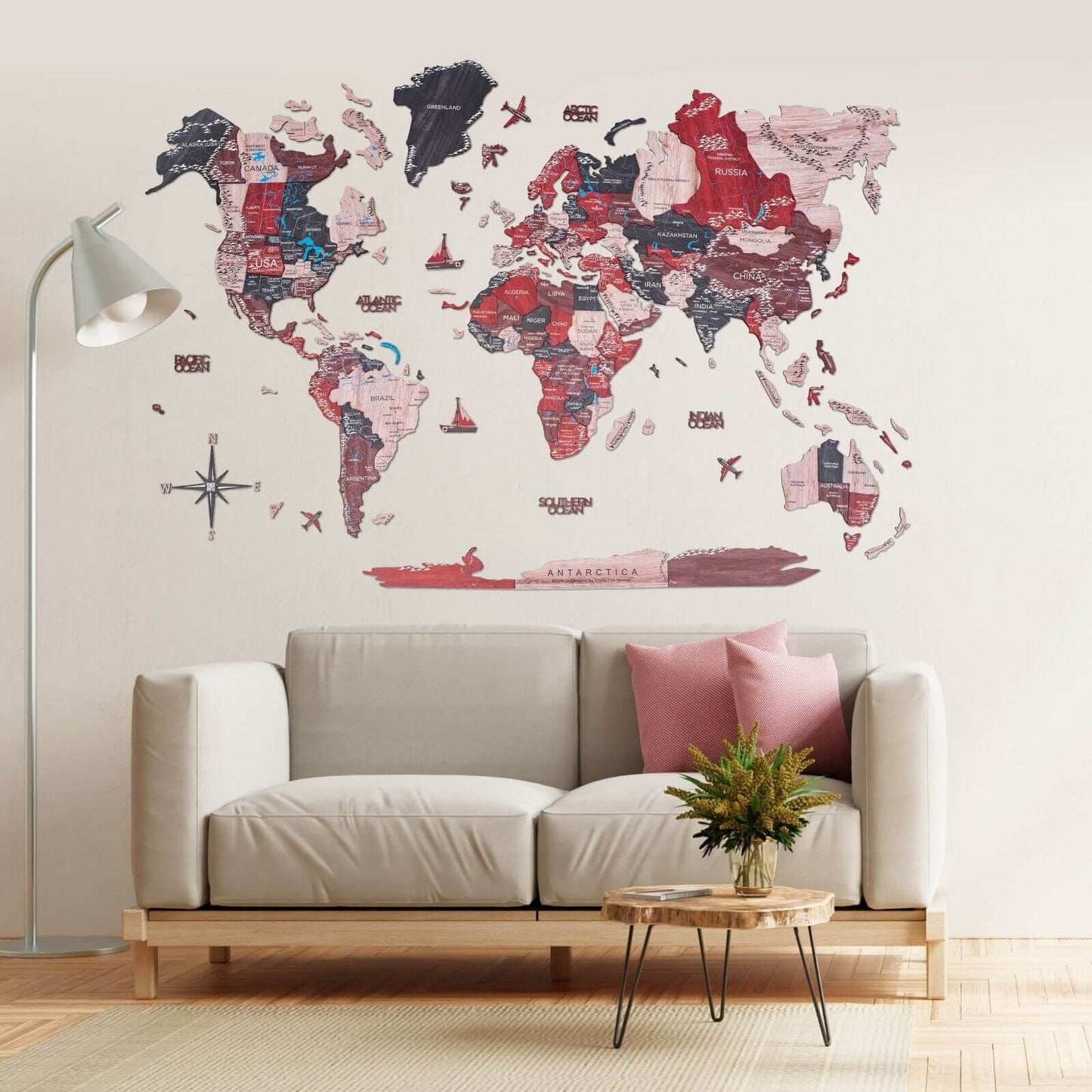 3D wooden world map wall art in colorful Cliff palette