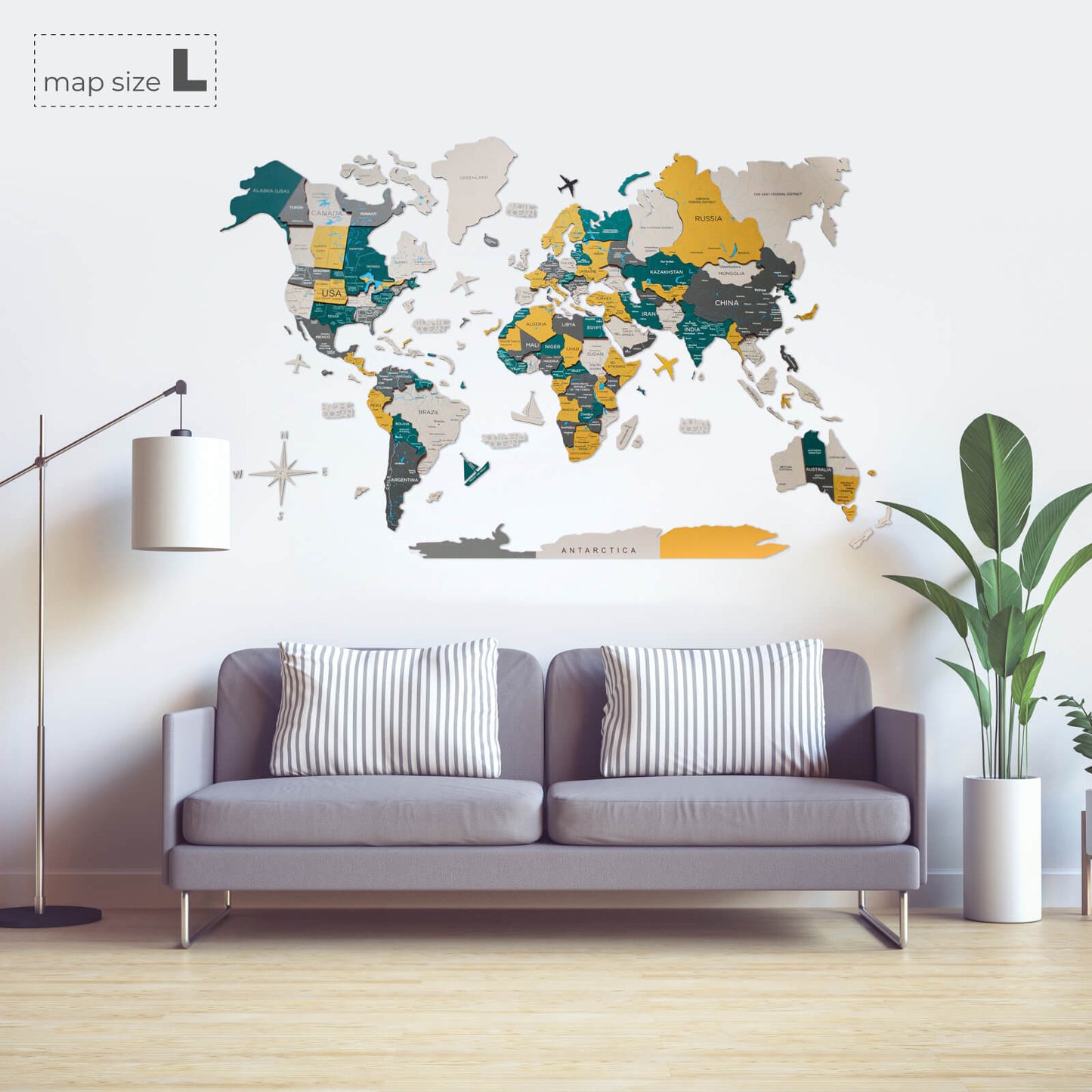 3D Wooden World Map Wall Art - Country