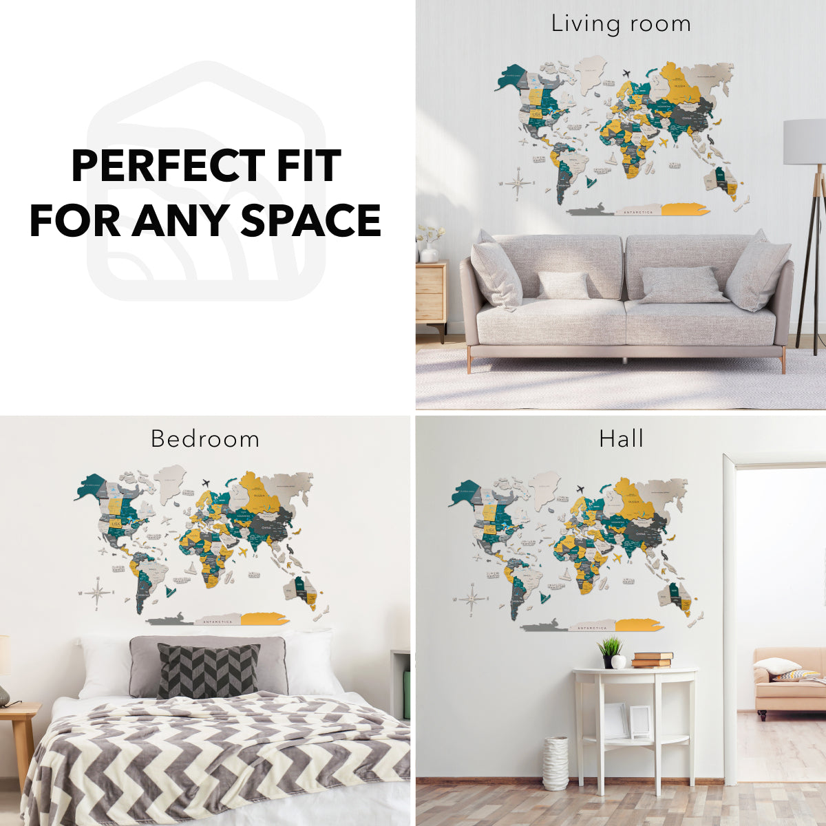 3D Wooden World Map Wall Art - Country
