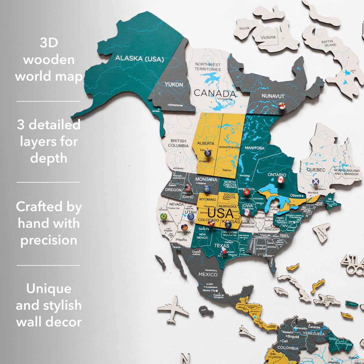 3D Wooden World Map Wall Art - Country