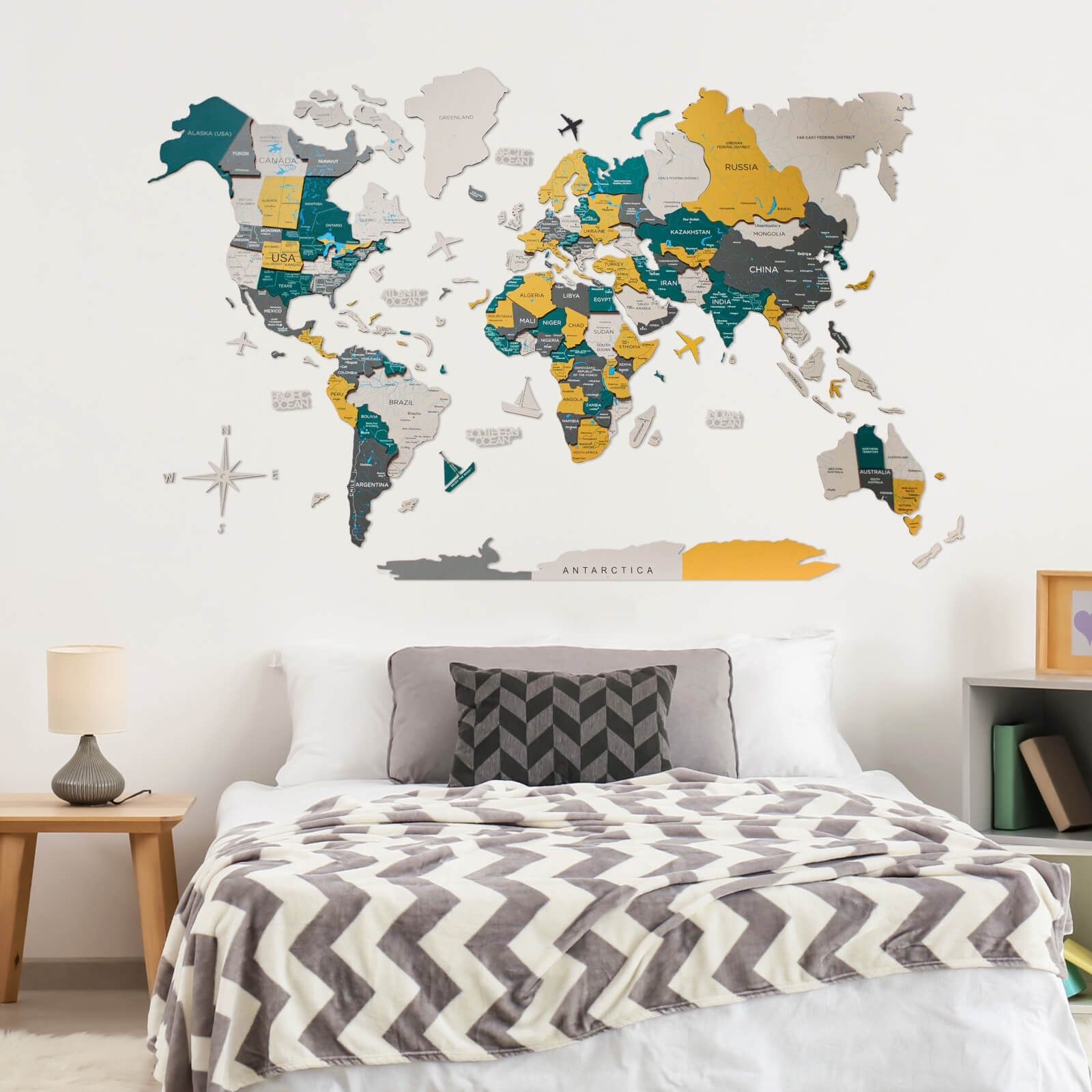 3D wooden world map wall art in Country palette