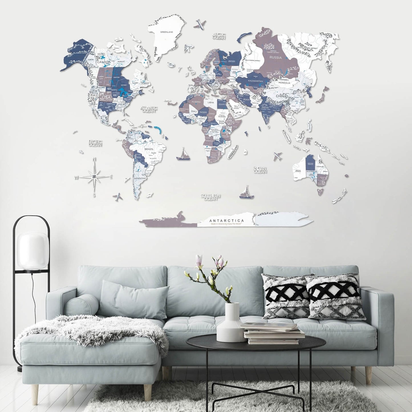 3D wooden world map wall art in colorful Cruise palette