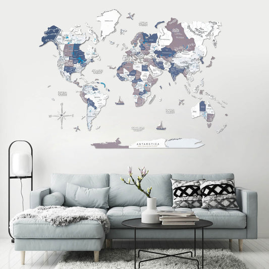 3D wooden world map wall art in colorful Cruise palette