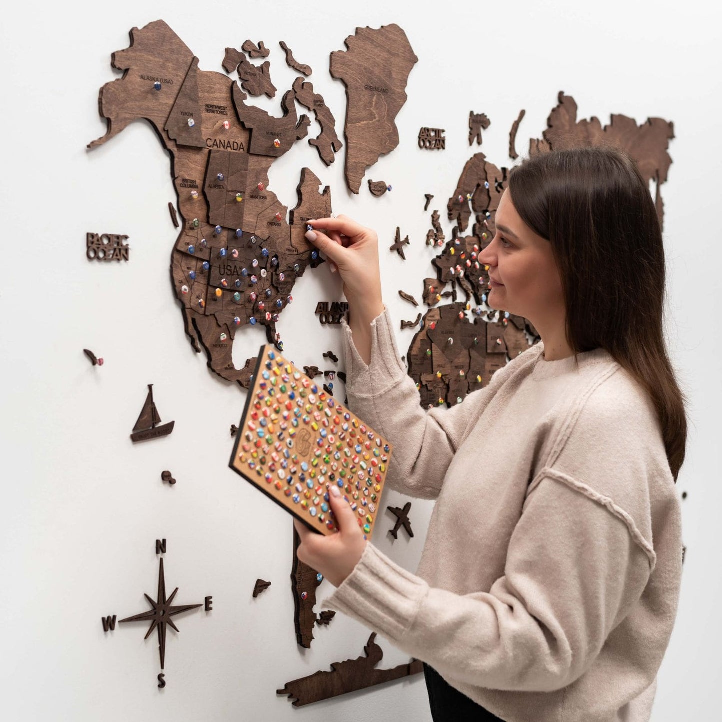 3D Wooden World Map Wall Art - Dark Walnut