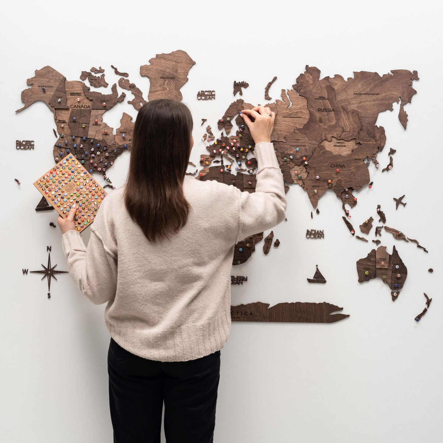 3D Wooden World Map Wall Art - Dark Walnut