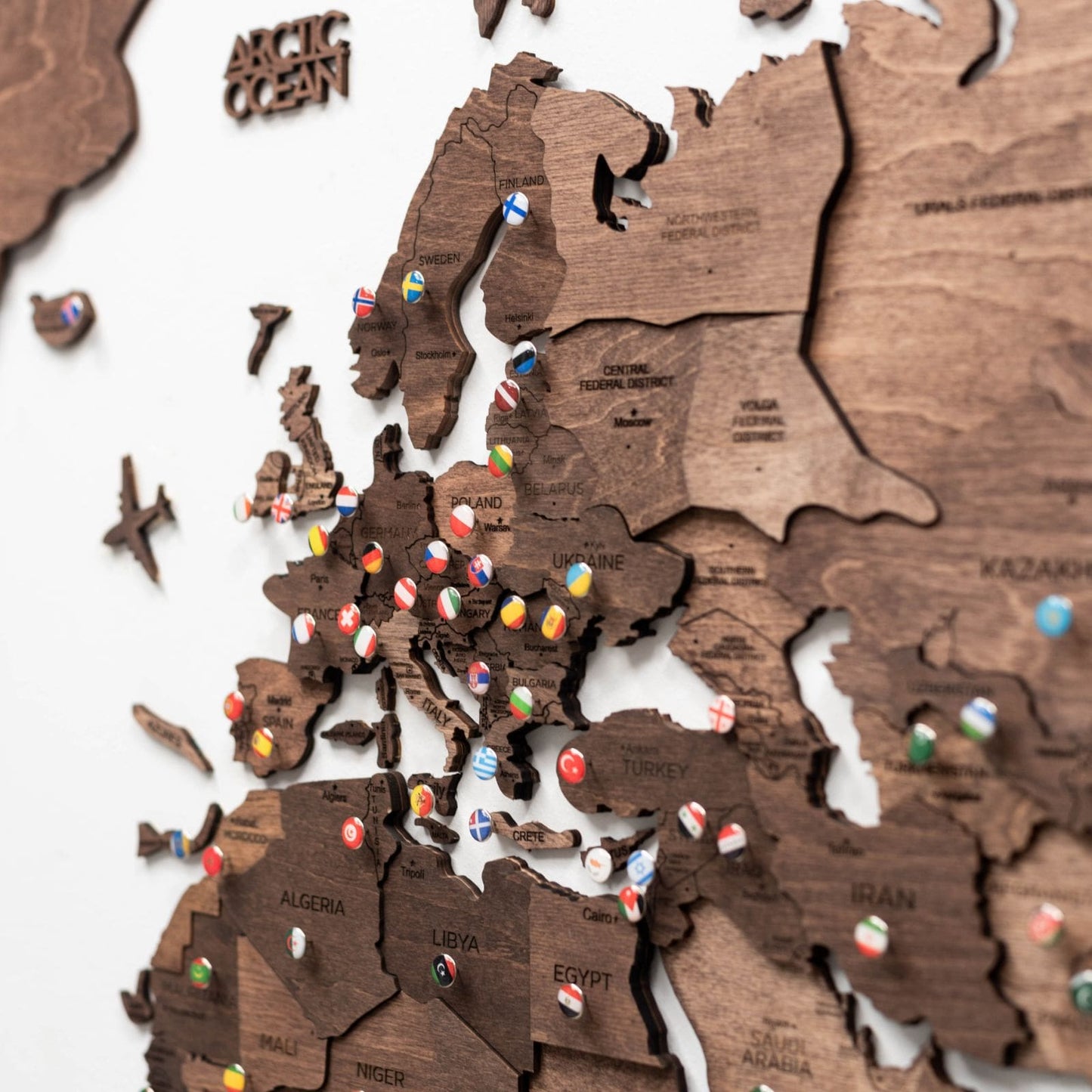 3D Wooden World Map Wall Art - Dark Walnut