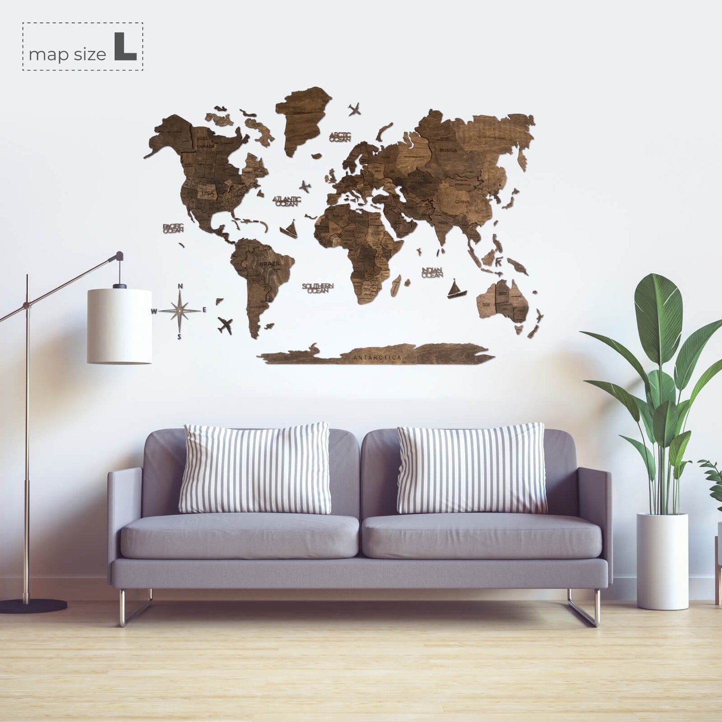 3D Wooden World Map Wall Art - Dark Walnut