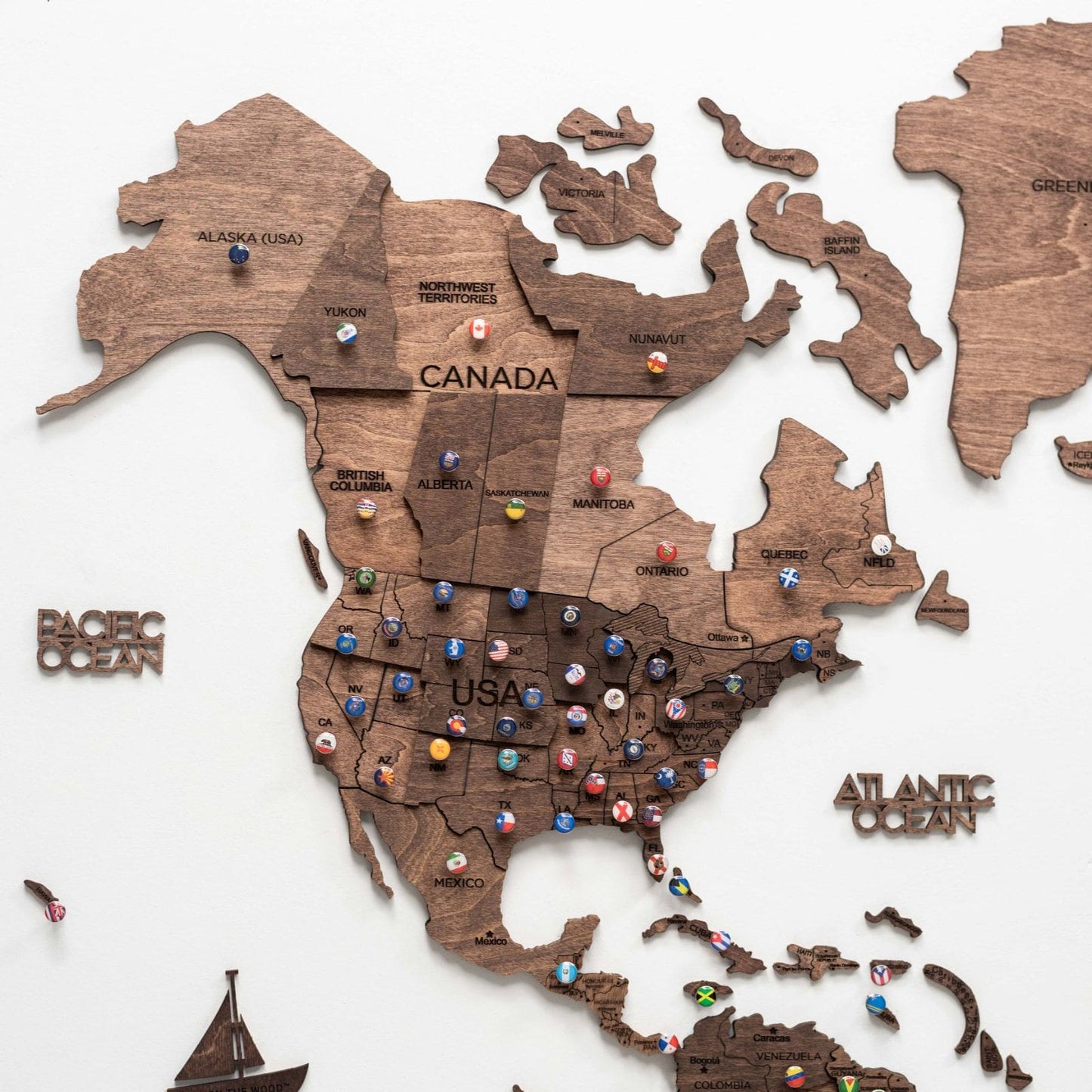 3D Wooden World Map Wall Art - Dark Walnut