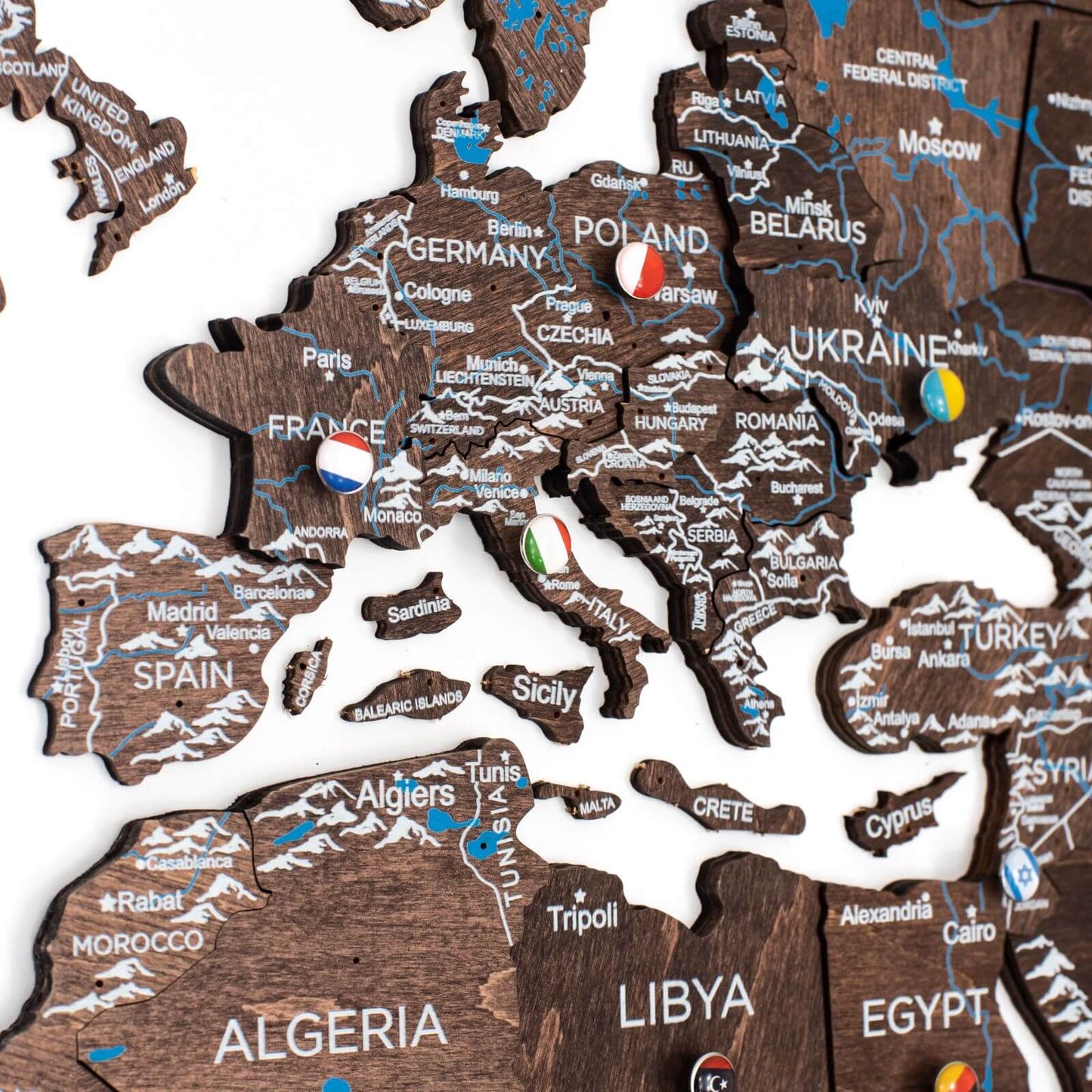 3D Wooden World Map Wall Art - Dark Walnut