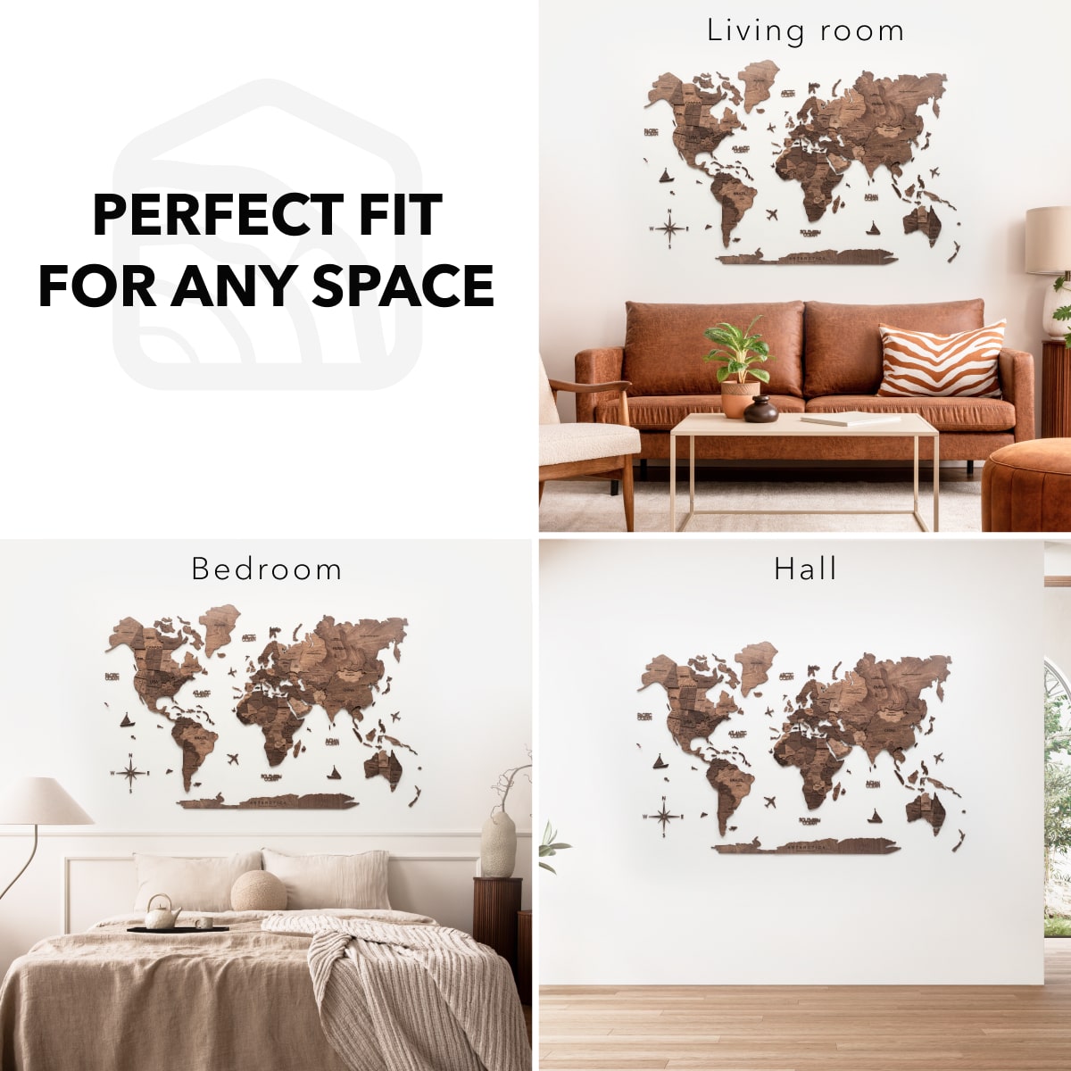 3D Wooden World Map Wall Art - Dark Walnut