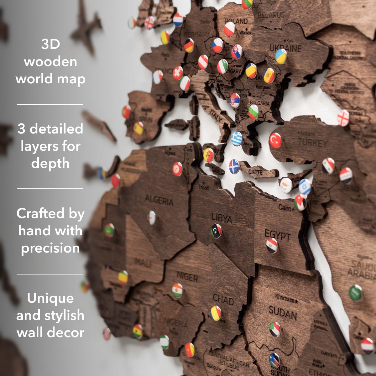 3D Wooden World Map Wall Art - Dark Walnut